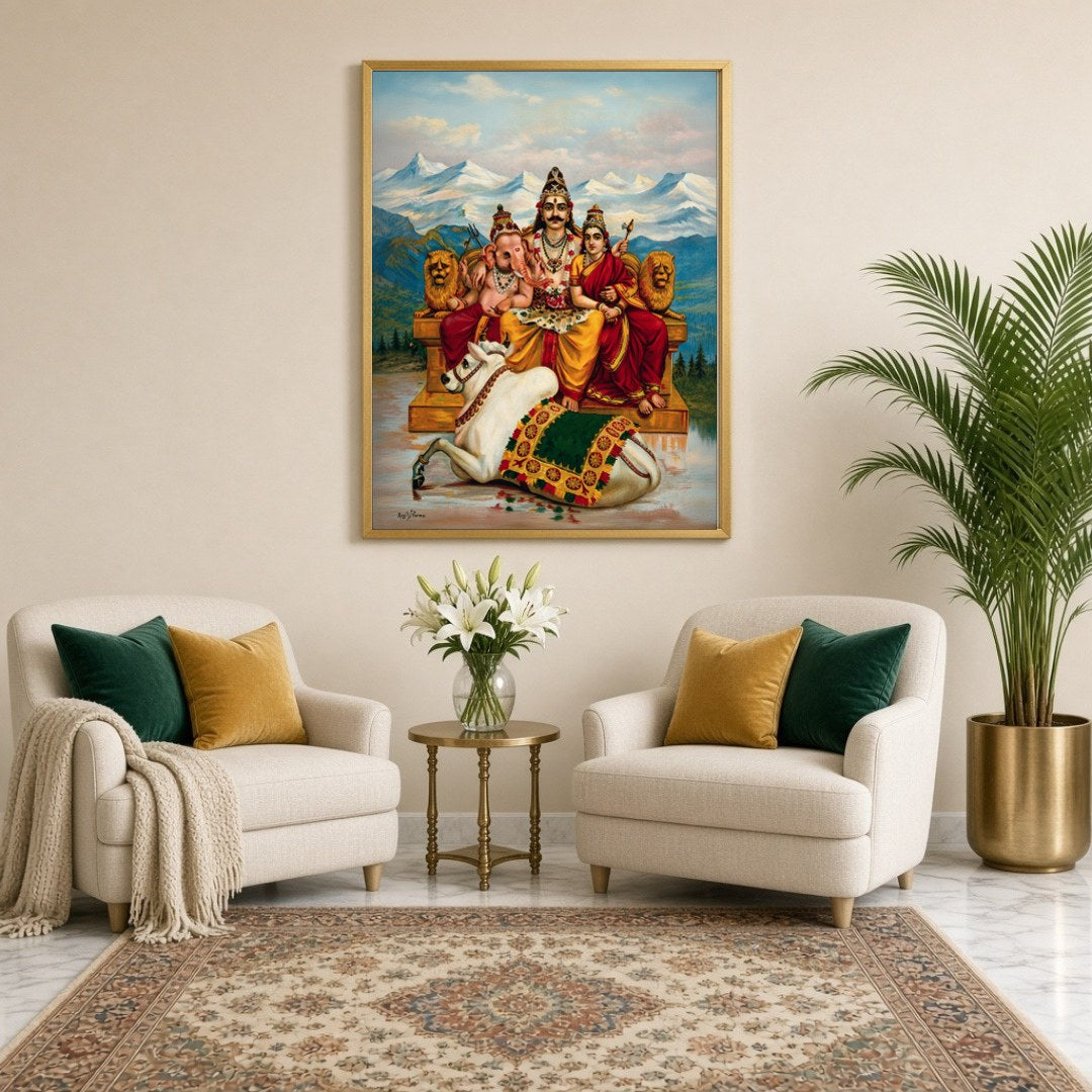 Immerse yourself in this breathtaking rendition of Lord Shiva seated at the heart of Mount Kailash, for Sitting Lounge