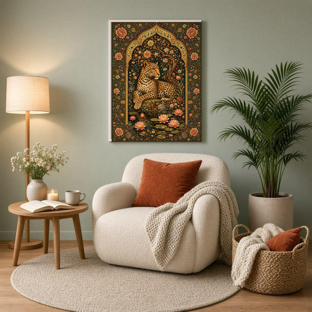 Discover the serene beauty of a majestic leopard resting amidst blooming lotuses, framed by an for Reading Nook