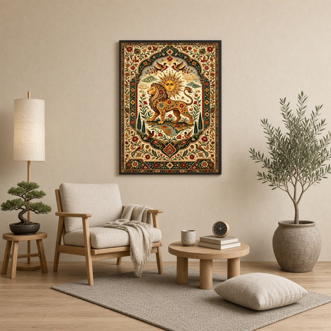 Discover majesty and vibrancy with this exquisite artwork depicting a regal lion under a radiant for Reading Nook