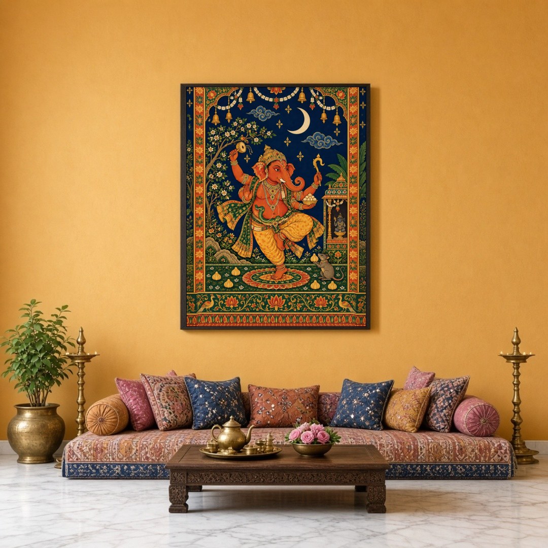 Celebrate the divine energy of Lord Ganesha with this captivating Tanjore art print. Depicting for Sitting Lounge