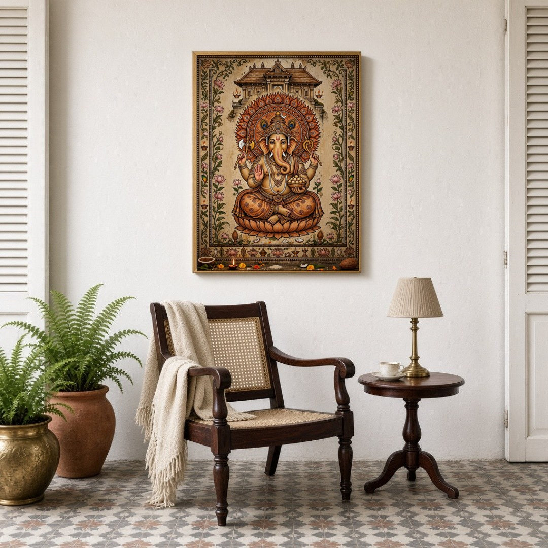 Embrace the divine presence of Lord Ganesha depicted with exquisite detail and adorned with a lotus for Sitting Lounge