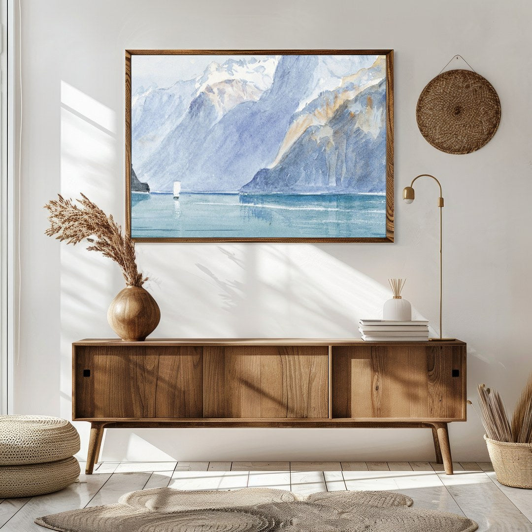 Capture the serene beauty of nature with this exquisite watercolor depicting a majestic mountain for Sitting Area