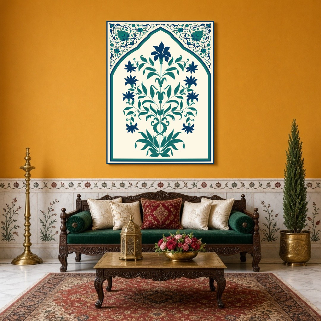 Immerse yourself in the intricate world of Indo-Mughal art with this captivating floral design, for Sitting Area