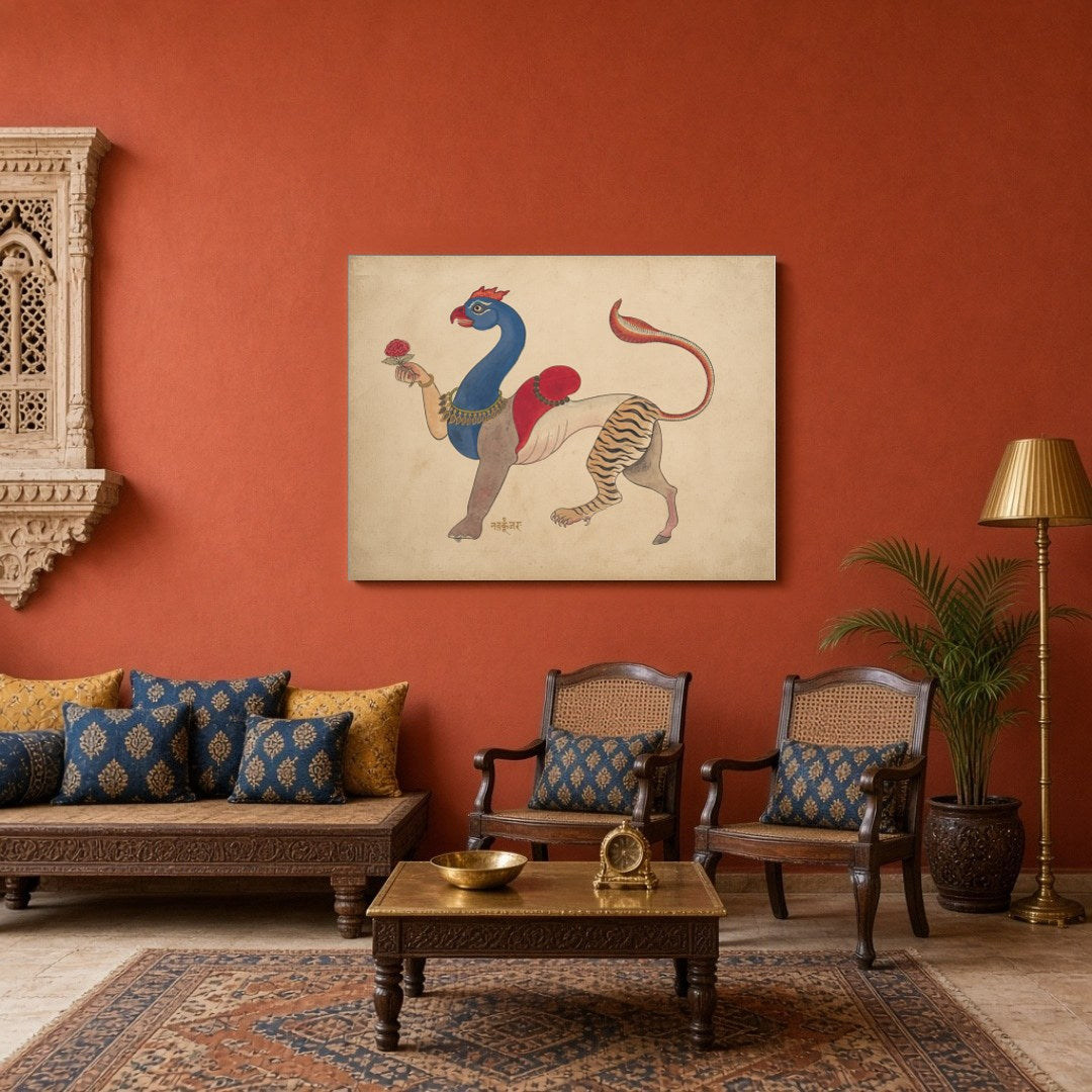 Experience the enchanting blend of mythology and artistry with this Navagunjara Pichwai art. for Sitting Area