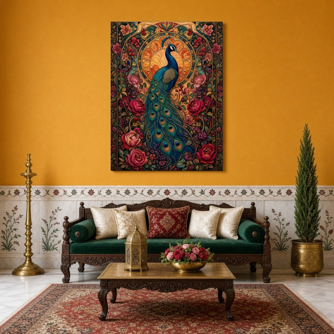 Experience the regal beauty of the peacock captured amidst a vibrant tapestry of blooming flowers for Sitting Area