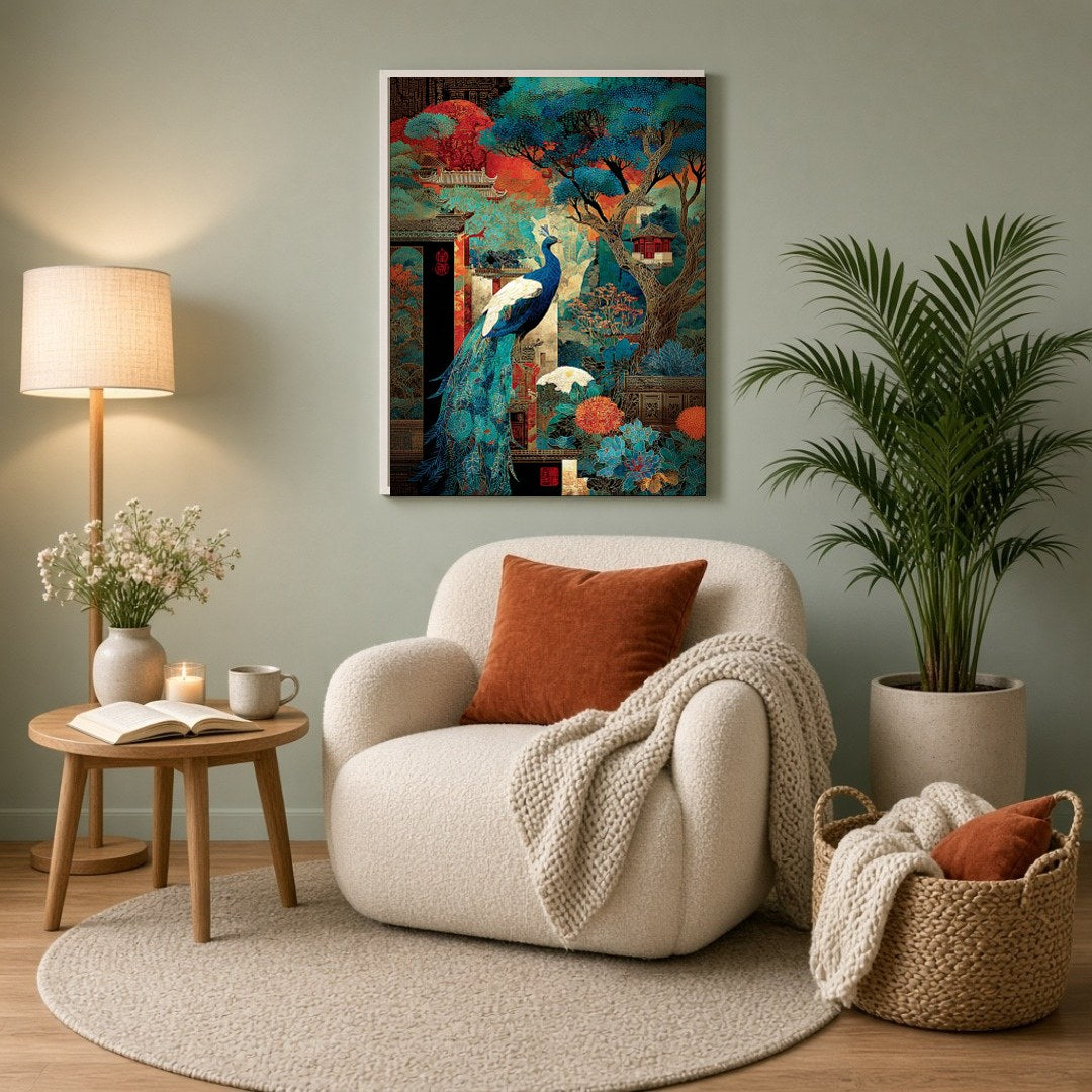 Immerse yourself in the captivating beauty of a regal peacock gracefully poised amidst a vibrant for Reading Nook