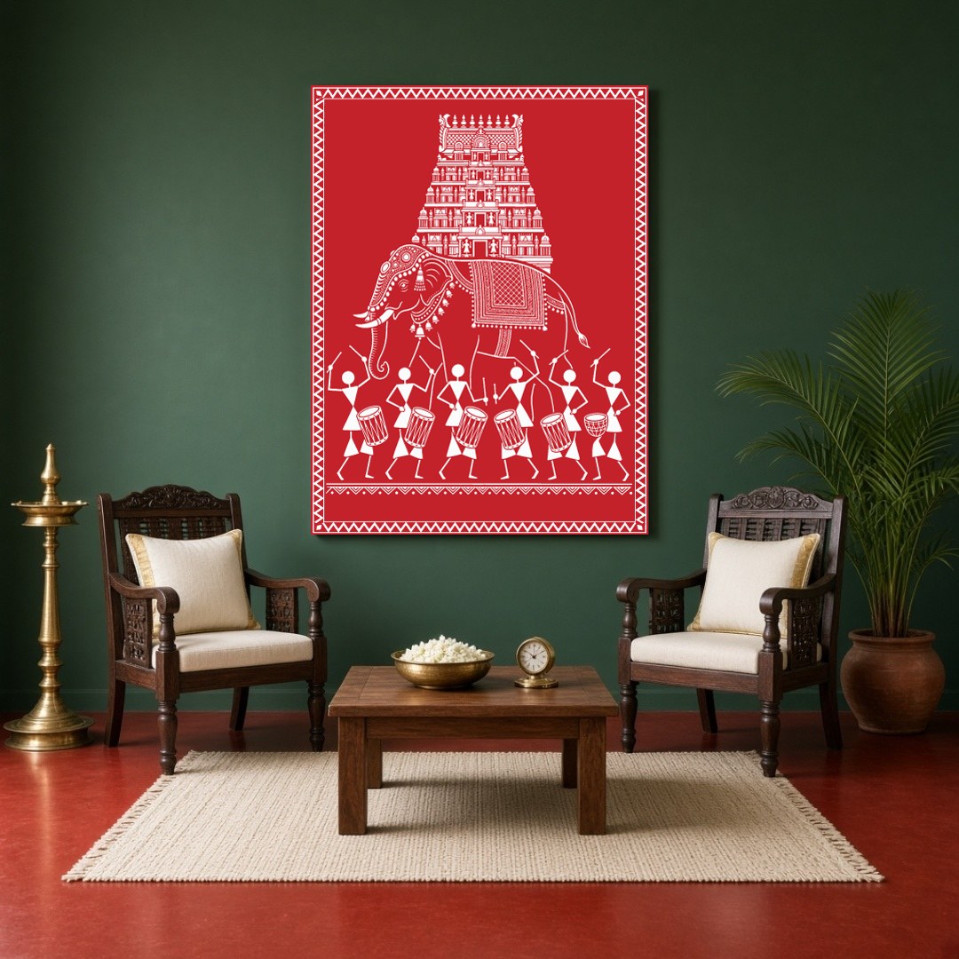 Embrace the rhythmic celebration of life with this captivating Warli Art print, showcasing a for Sitting Area