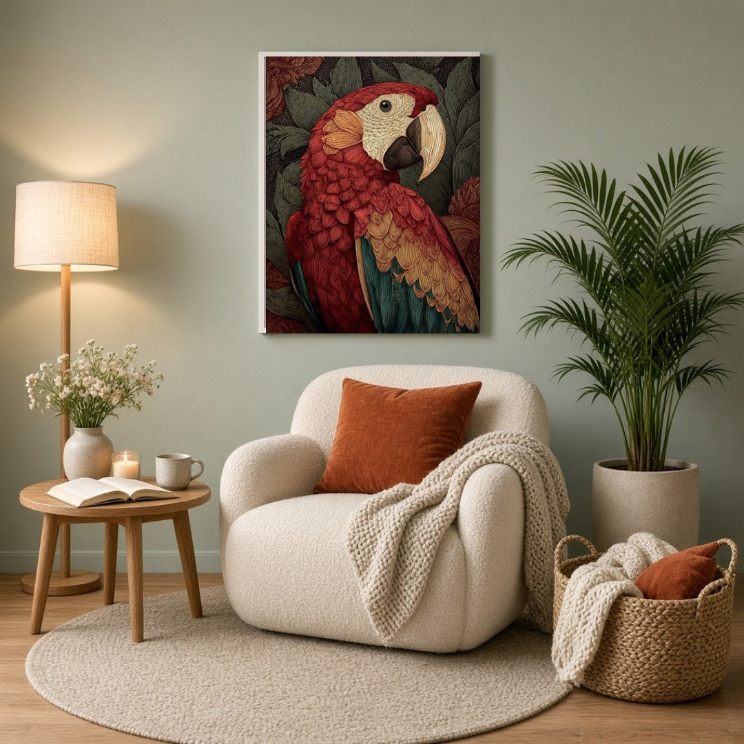 Delve into the vibrant world of this exquisite artwork depicting a majestic scarlet macaw set for Reading Nook