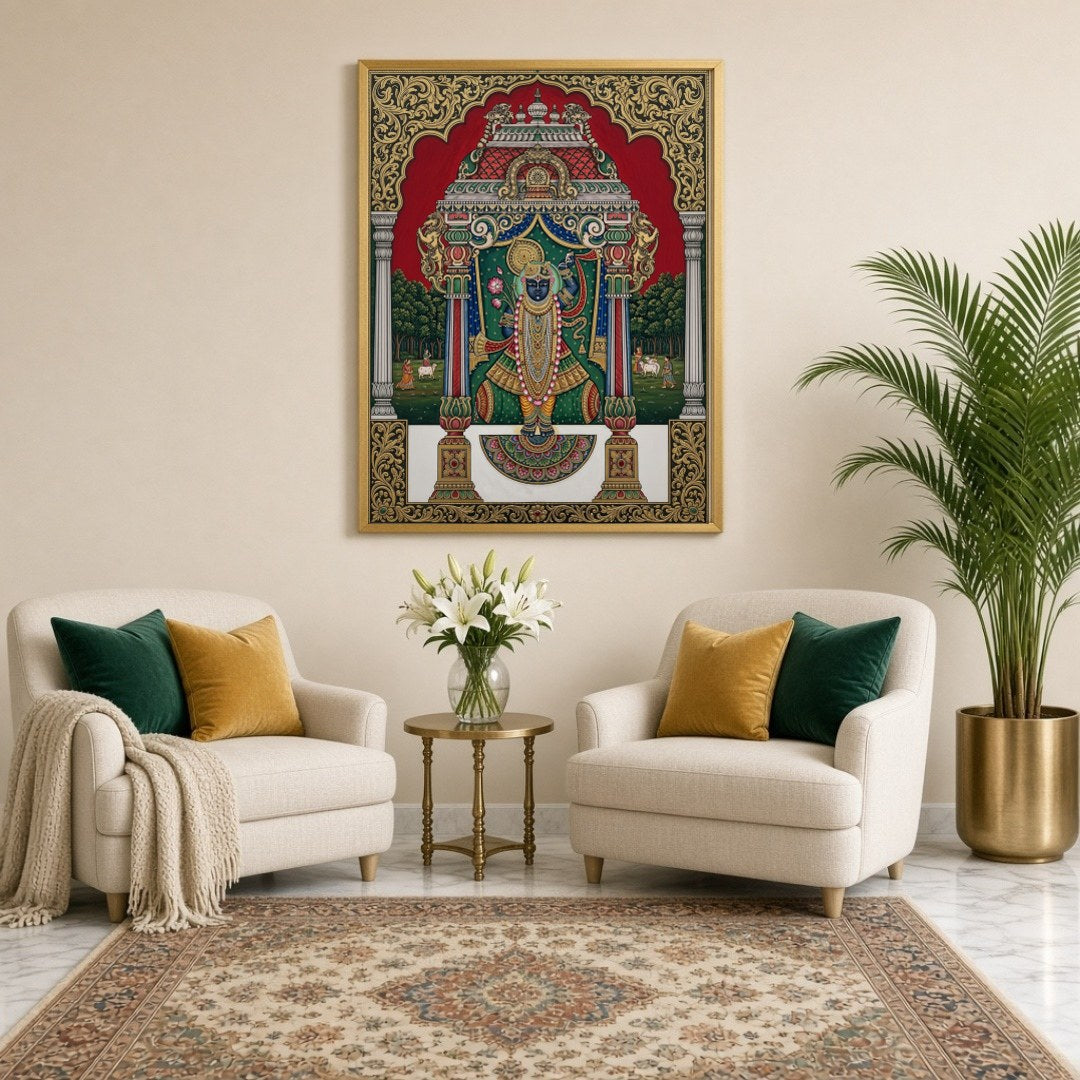 Immerse yourself in the divine presence of Shrinathji depicted in this exquisite Pichwai artwork. for Sitting Lounge