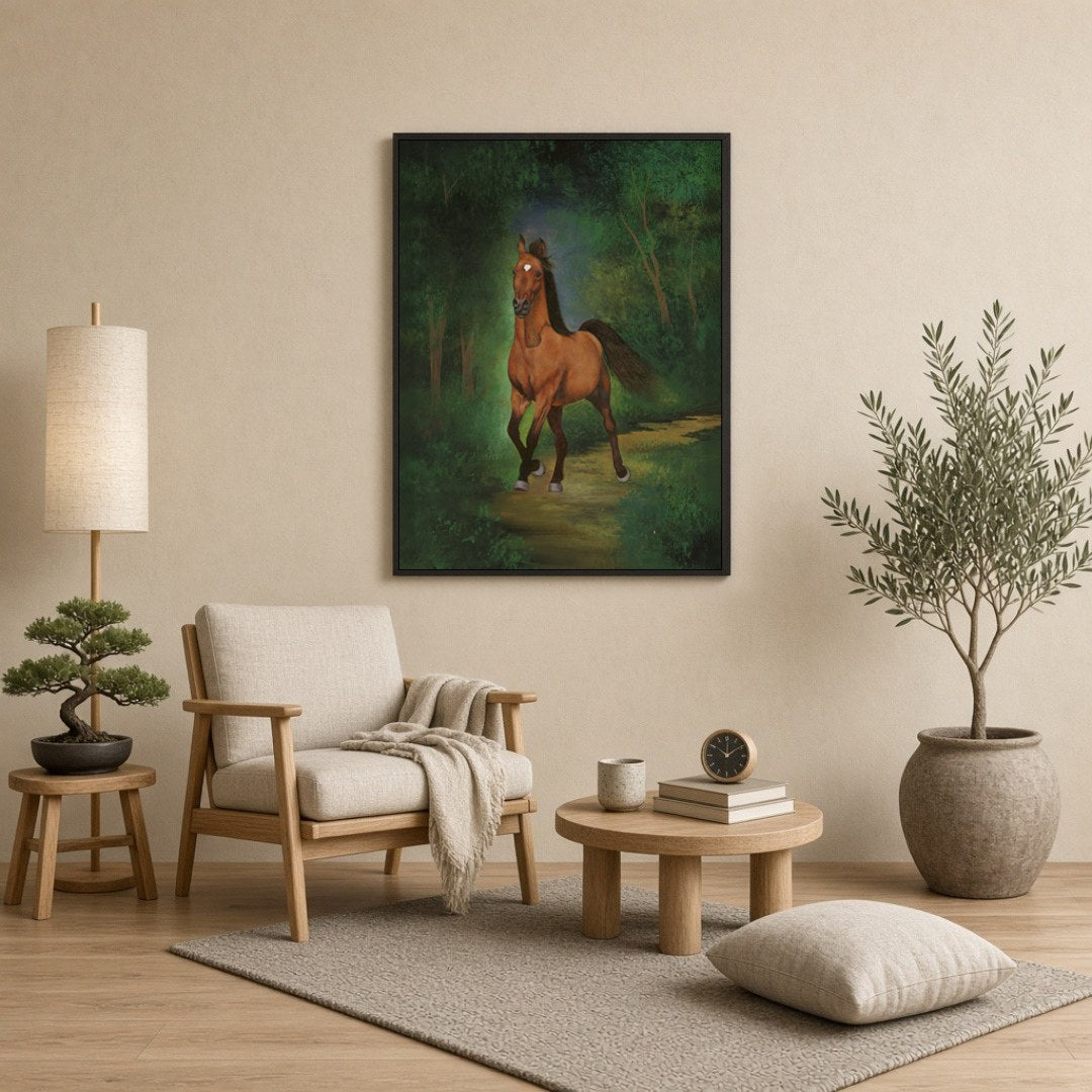 This captivating art print features a regal horse as it strides gracefully through a lush green for Reading Nook