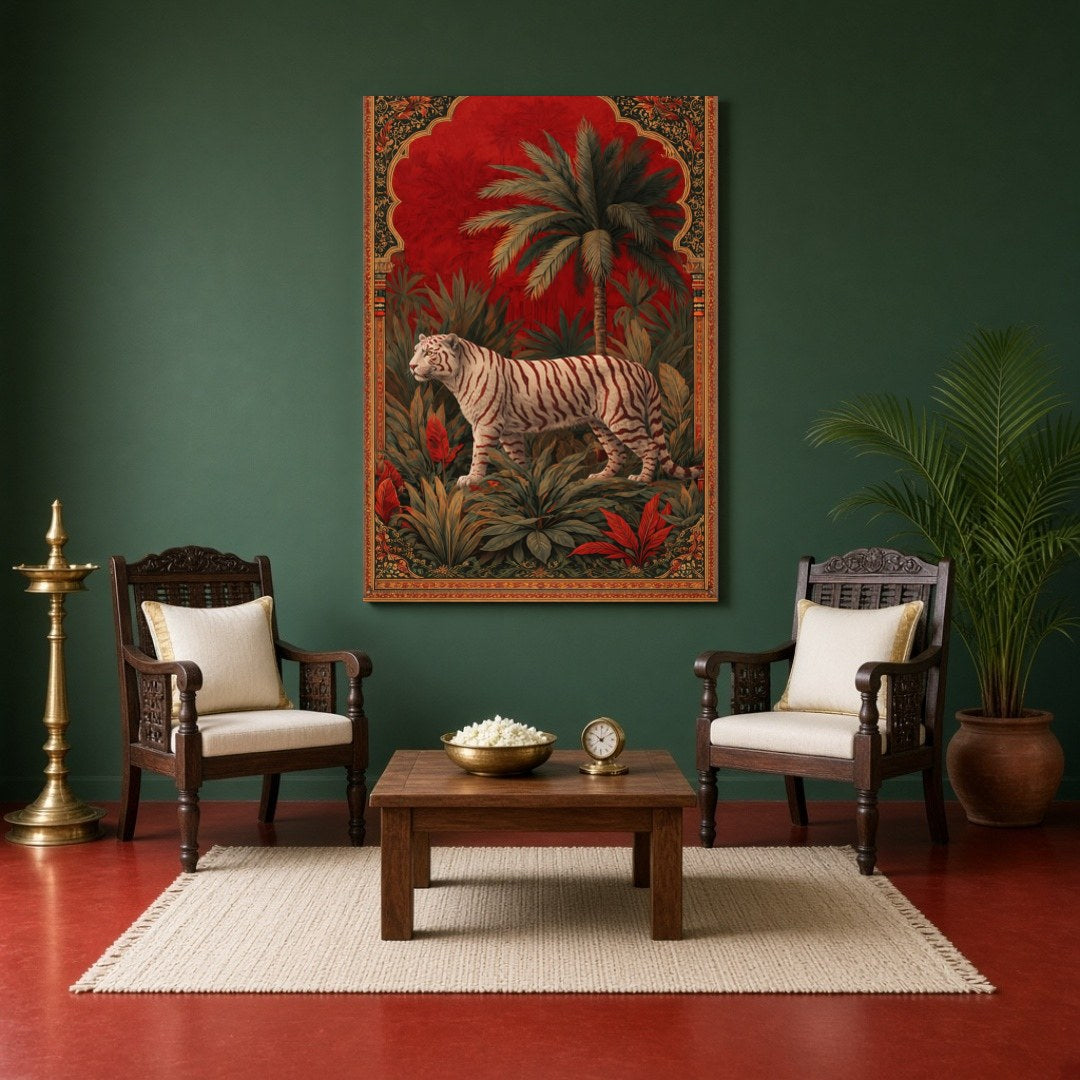 This captivating artwork features a magnificent white tiger poised majestically amidst lush jungle for Sitting Area