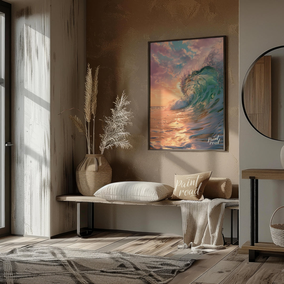 This captivating image captures a powerful wave crashing against the shore at dawn, bathed in the s… for living room
