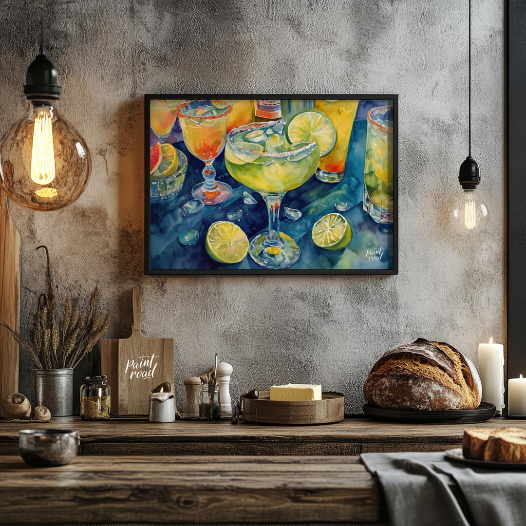 A vibrant and refreshing watercolor painting capturing the allure of a perfectly chilled margarita.… for kitchen