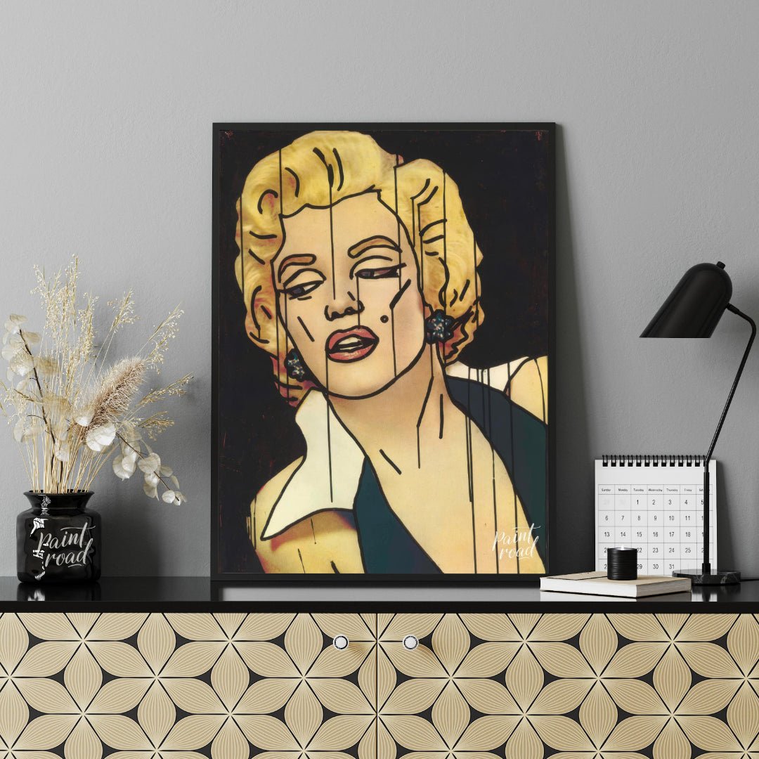 "Marilyn Fragment" presents a stylized portrait of Marilyn Monroe, rendered with bold lines and a f… for office