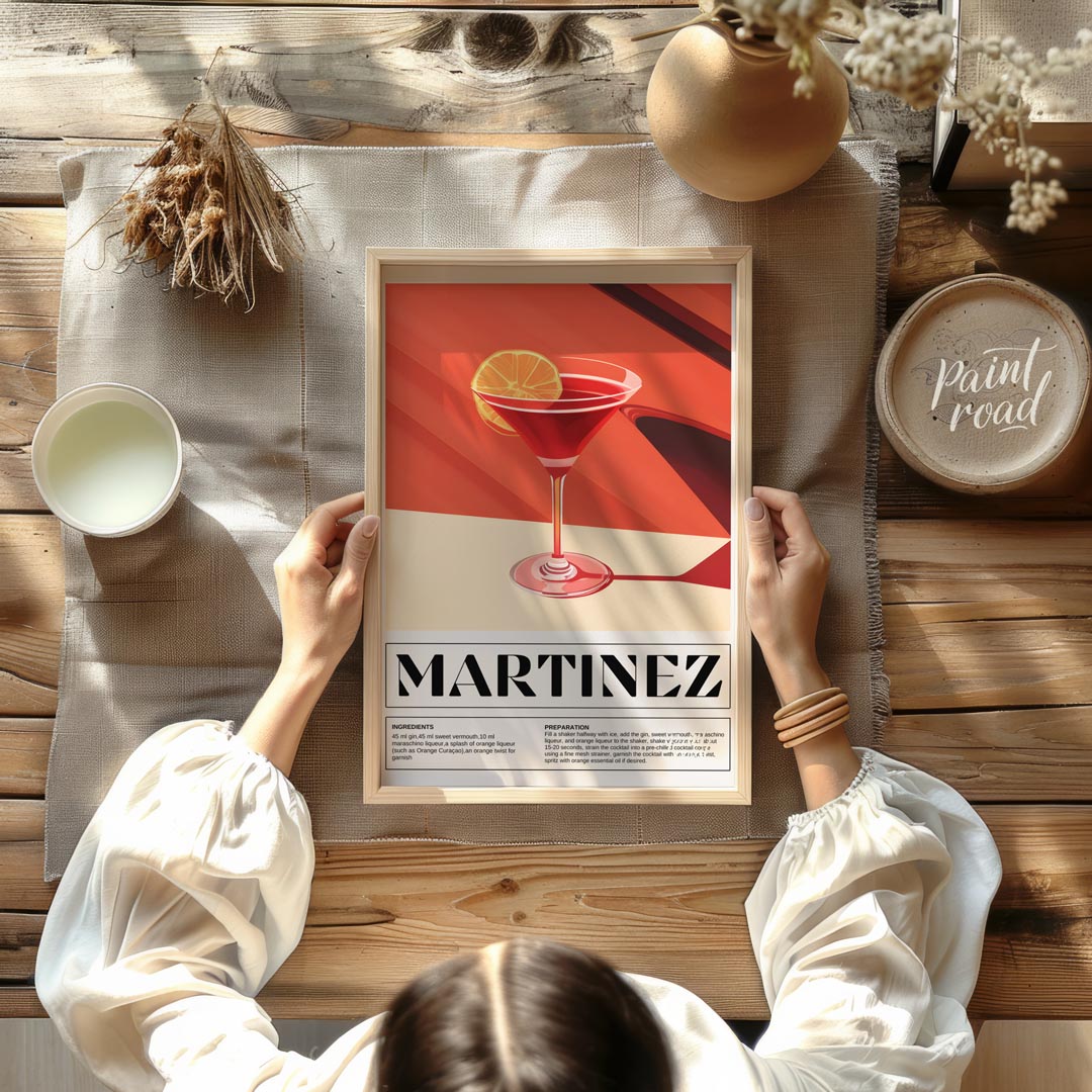This sophisticated poster illustrates a Martinez cocktail, showcasing its rich, deep red hue in a c… for dining room