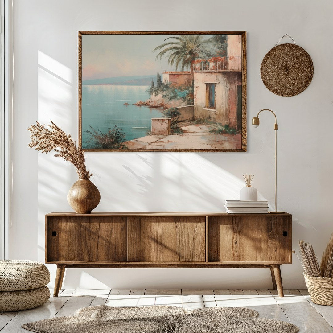 Immerse yourself in the serene beauty of this Mediterranean coastal scene, where tranquil waters for Sitting Area