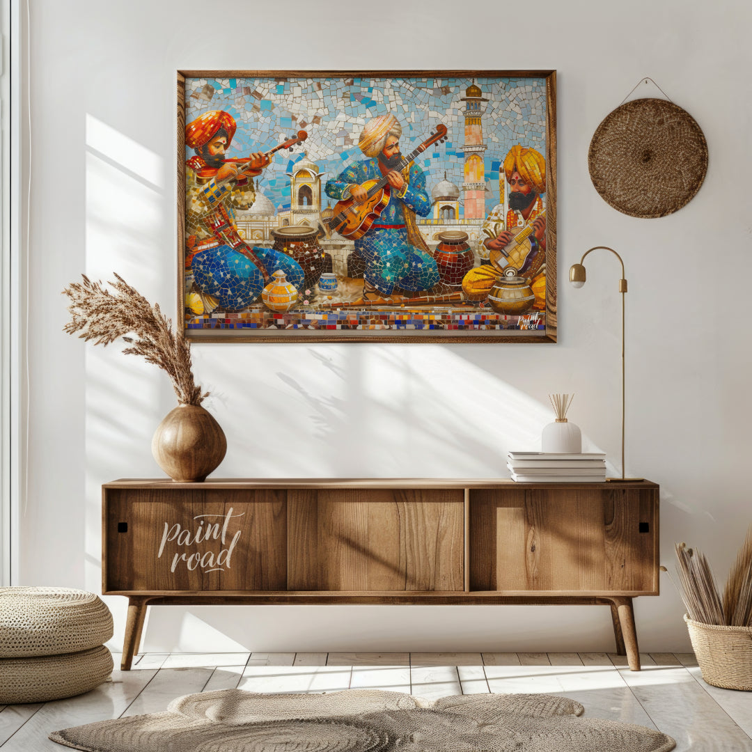 Immerse yourself in the vibrant tapestry of "Melodic Mosaic," a captivating artwork that harmonizes… for living room