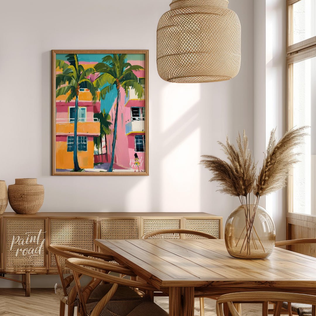 Miami Palms Painting available online at Paintroad showing architecture Art Deco and atmosphere