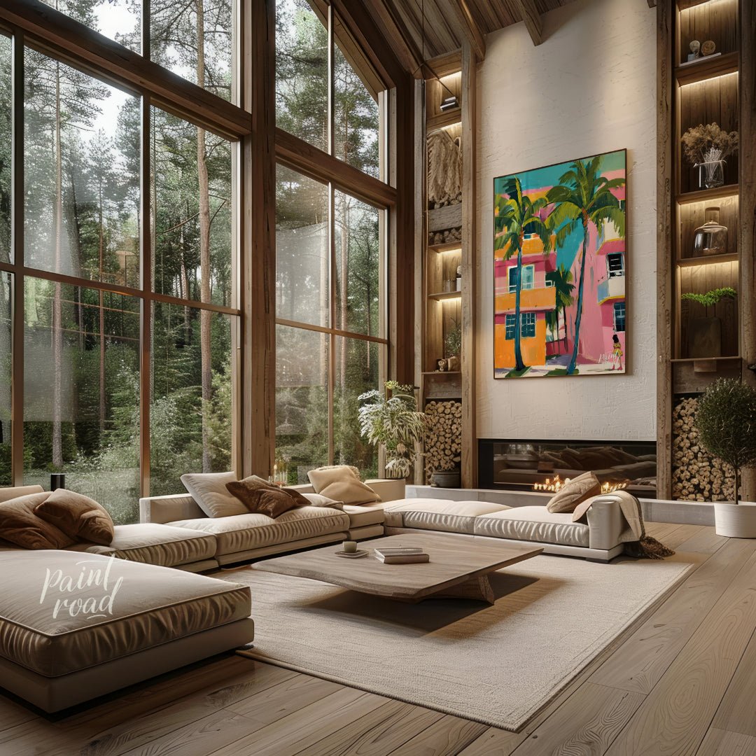 Miami Palms Painting available online at Paintroad showing architecture Art Deco and atmosphere