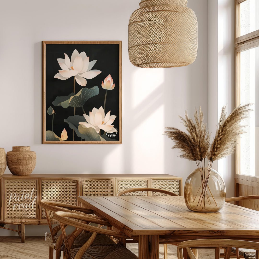 This striking digital illustration features white lotus flowers with delicate petals and subtle pin… for dining room