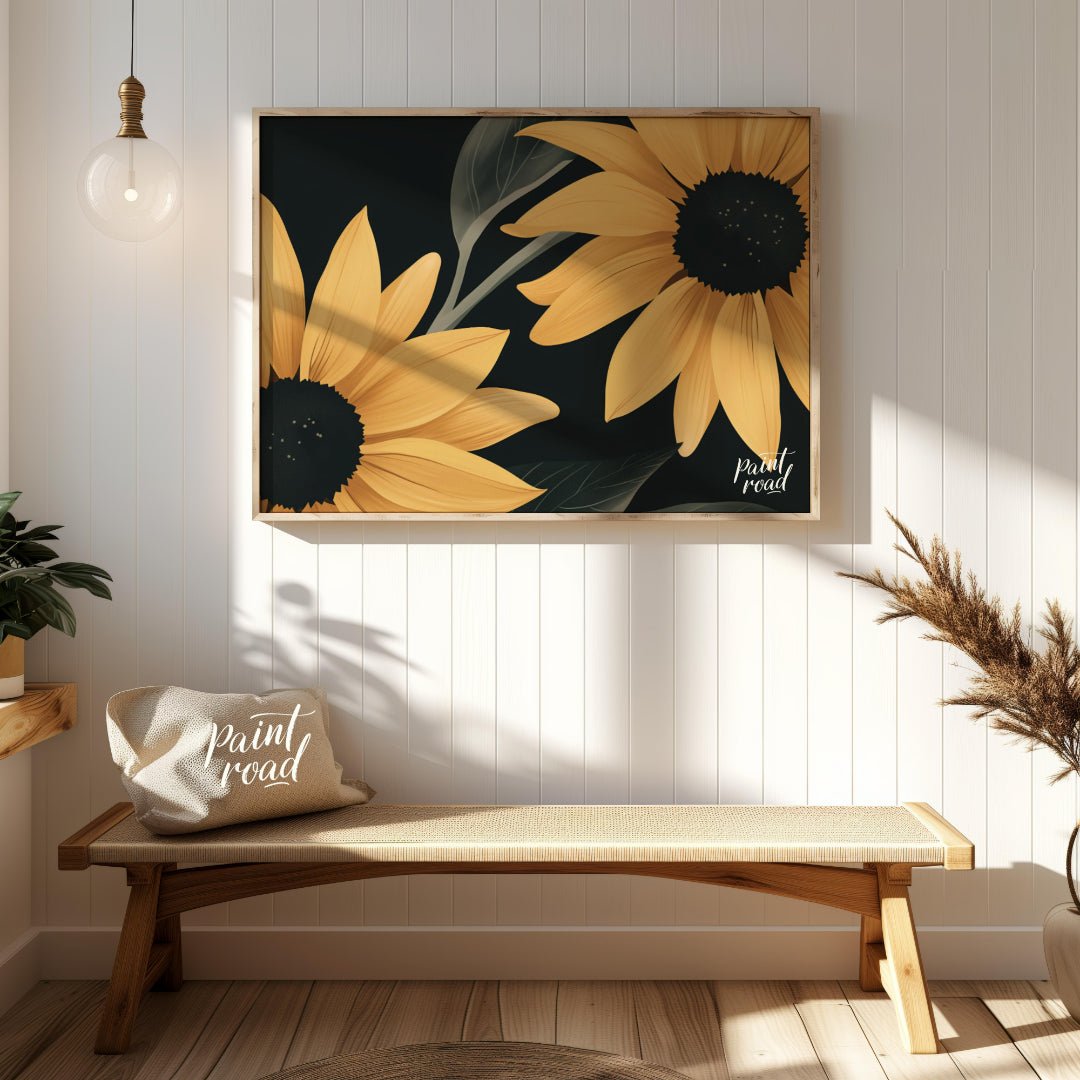 Midnight Sunflowers Painting available online at Paintroad showing black background bold flowers and botanical print