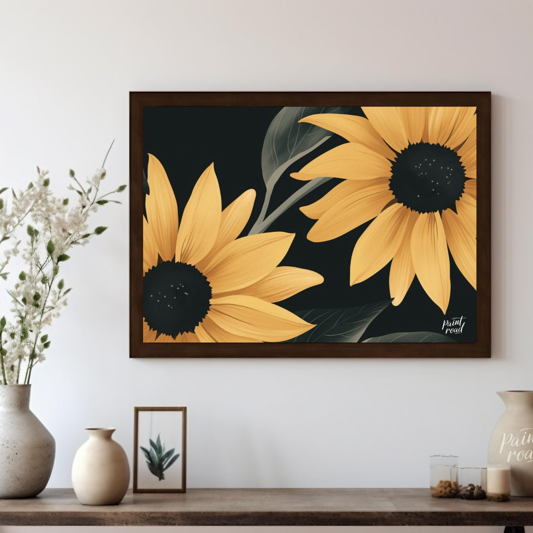 Midnight Sunflowers Painting available online at Paintroad showing black background bold flowers and botanical print