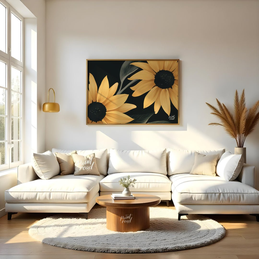Midnight Sunflowers Painting available online at Paintroad showing black background bold flowers and botanical print