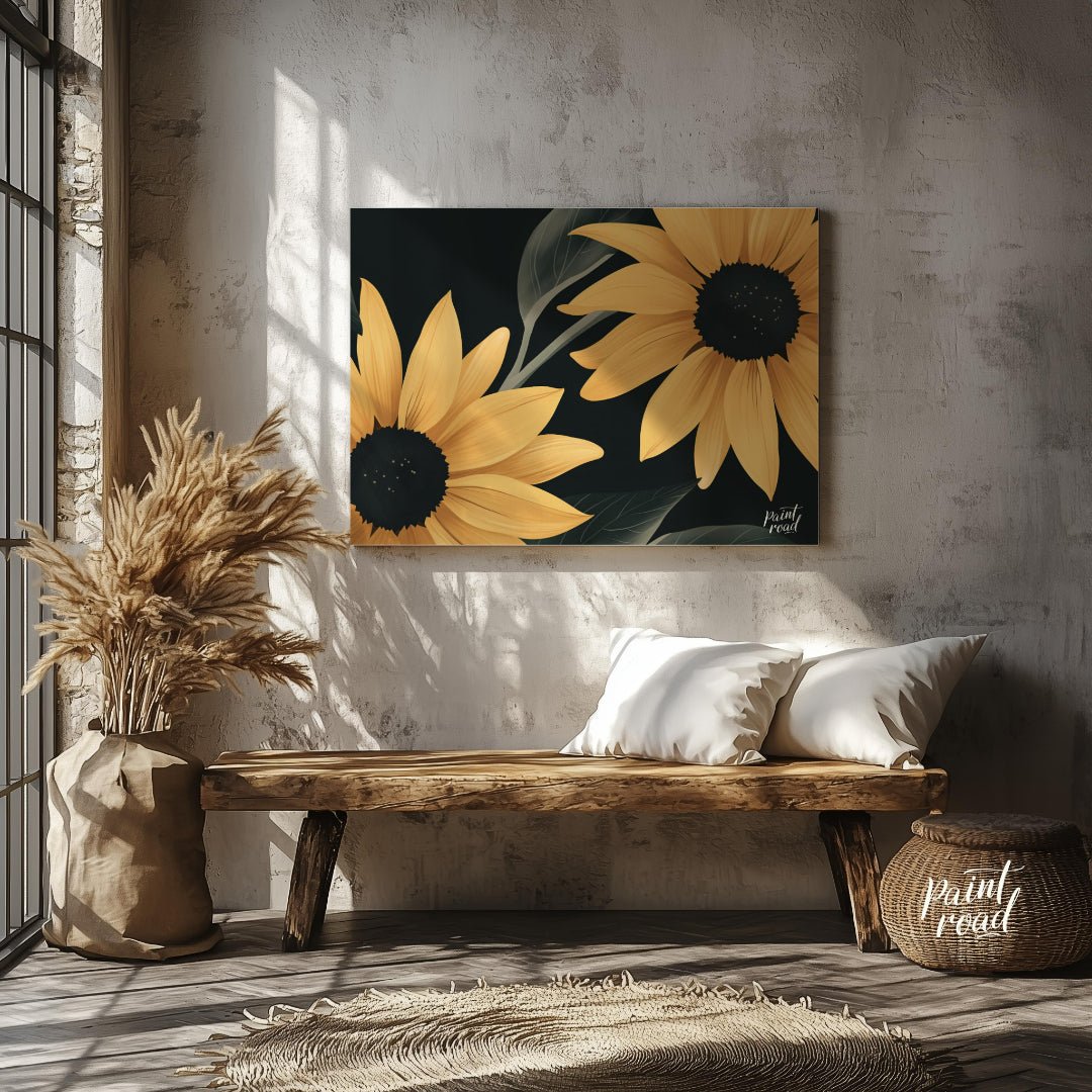 Midnight Sunflowers Painting available online at Paintroad showing black background bold flowers and botanical print