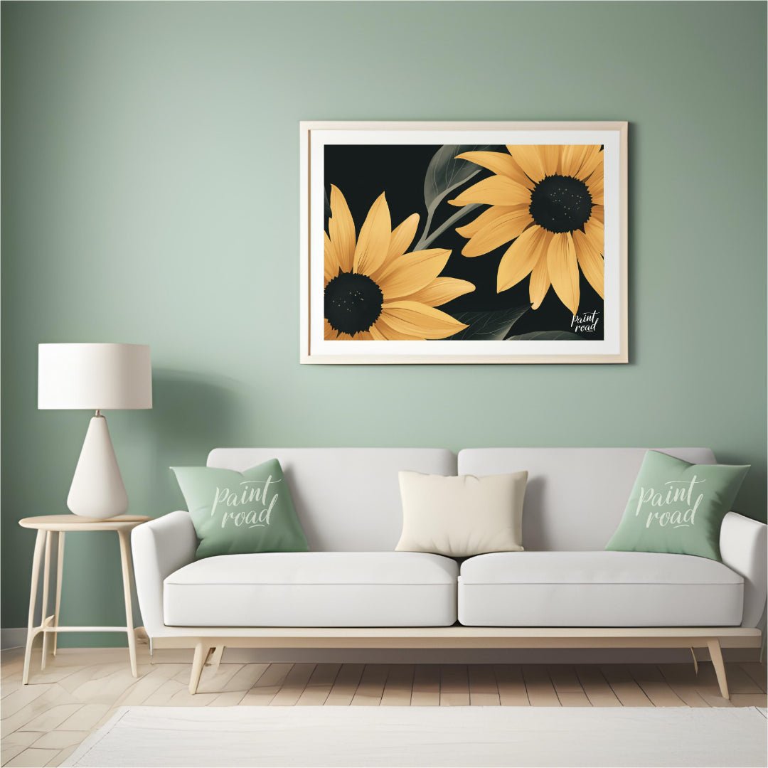 Midnight Sunflowers Painting available online at Paintroad showing black background bold flowers and botanical print