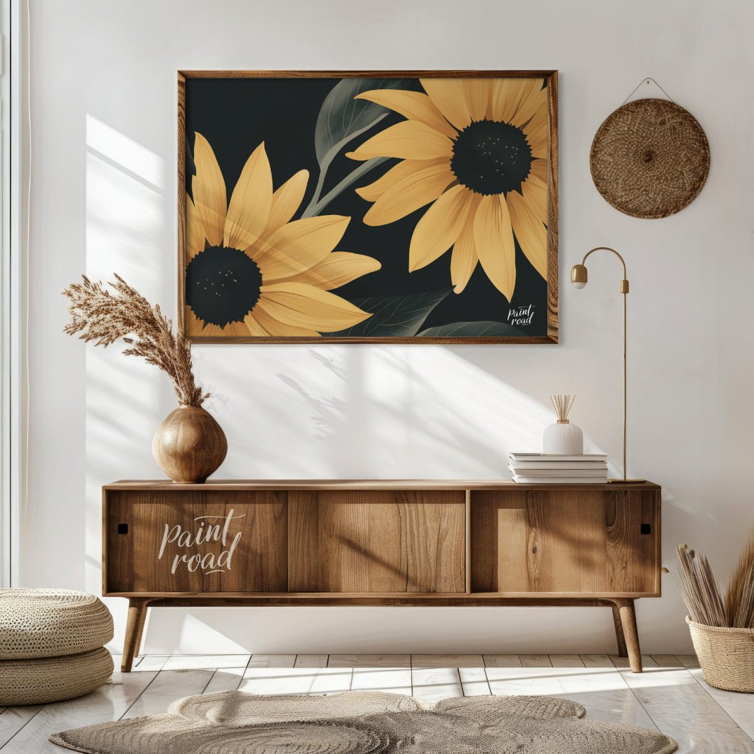 Midnight Sunflowers Painting available online at Paintroad showing black background bold flowers and botanical print