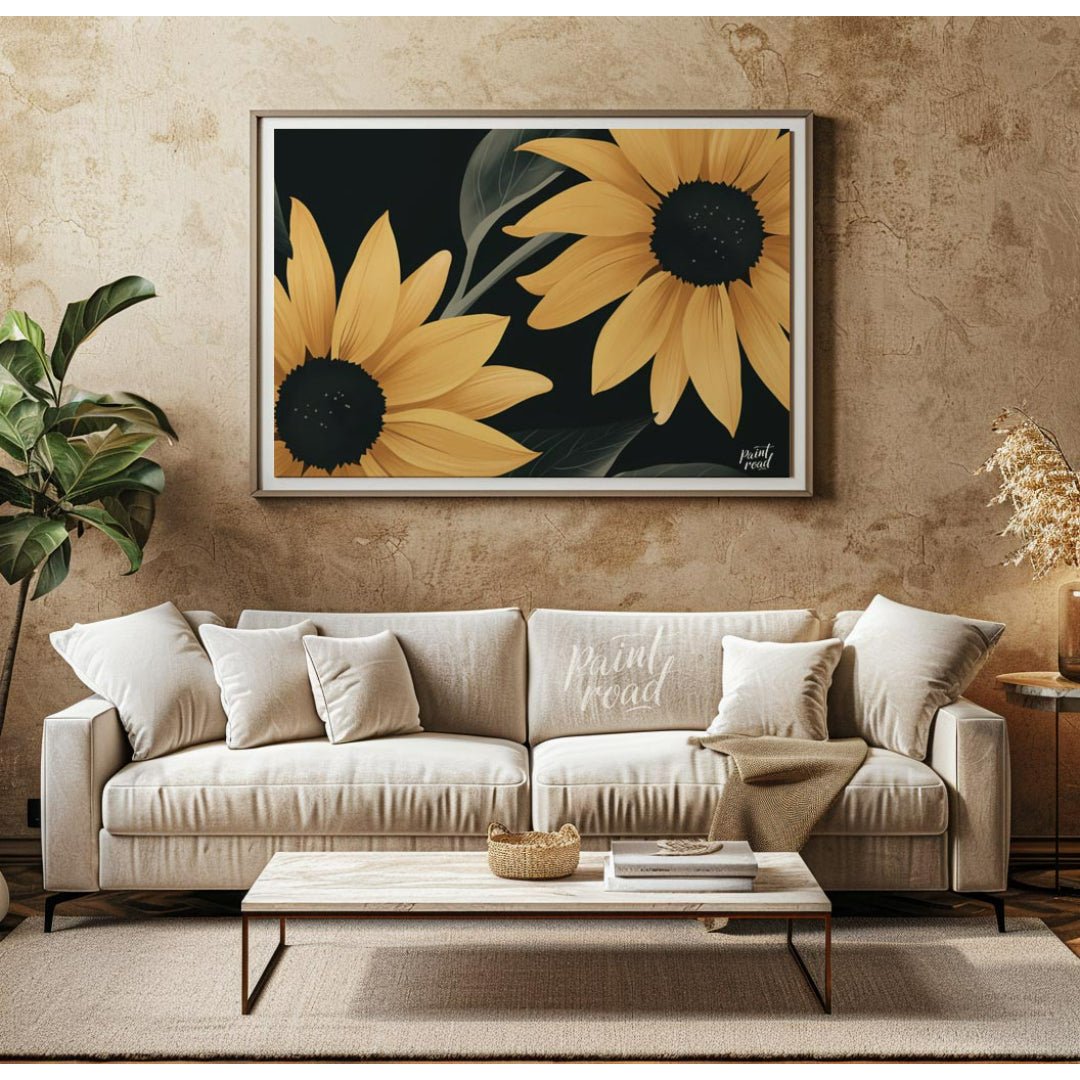 Midnight Sunflowers Painting available online at Paintroad showing black background bold flowers and botanical print