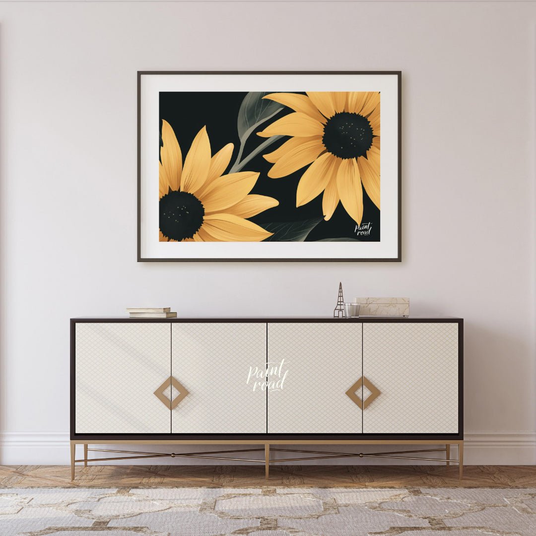 Midnight Sunflowers Painting available online at Paintroad showing black background bold flowers and botanical print