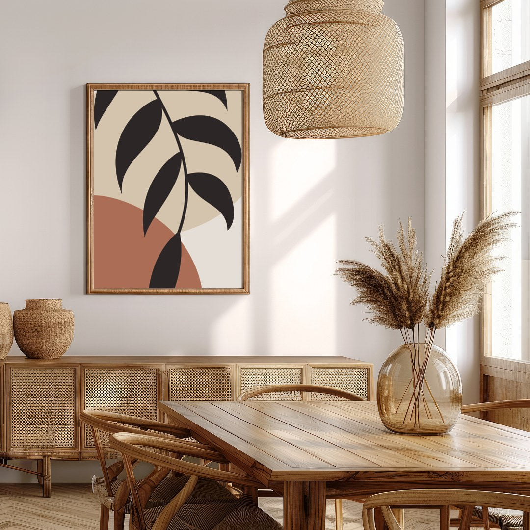 Elevate your space with this striking minimalist botanical artwork. The elegant black leaves for Extra Kitchen