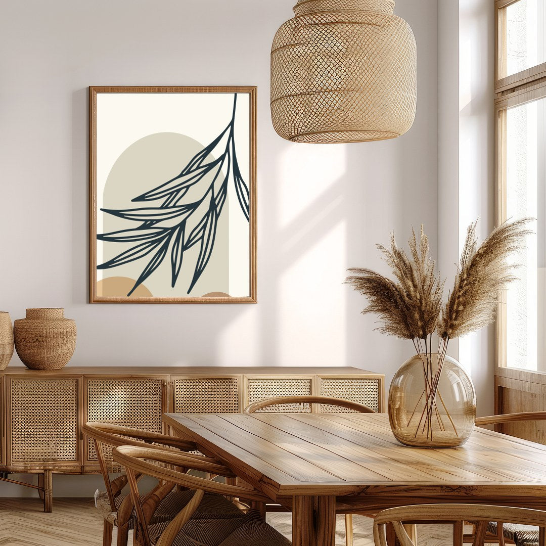 This minimalist artwork features abstract botanical elements in calming earth tones. The interplay for Extra Kitchen