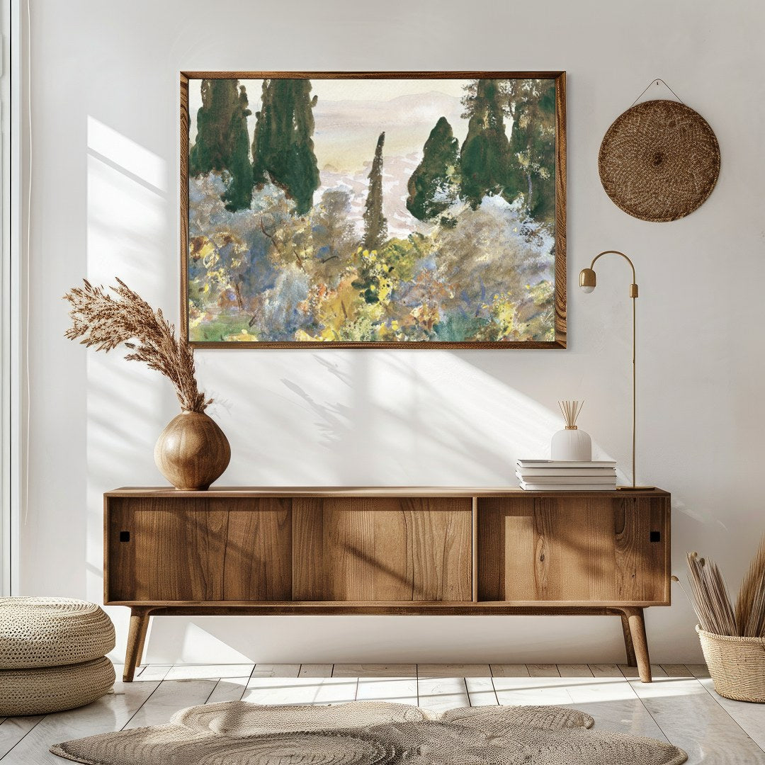Immerse yourself in the serene beauty of this forest scene, where mist gently cloaks the lush, for Sitting Area