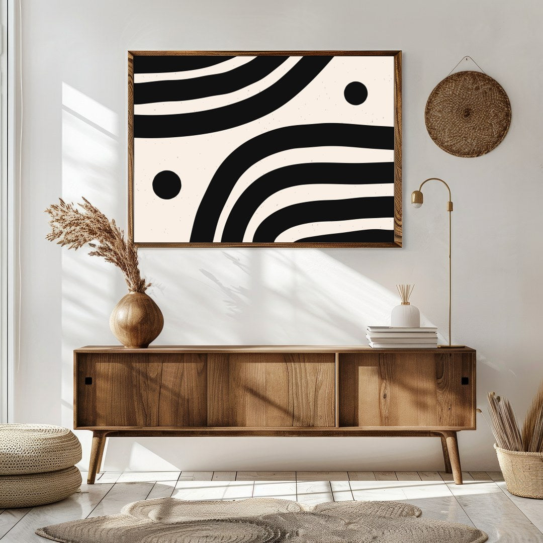 This striking artwork captures the elegance of minimalism with its bold black wave-like lines set for Sitting Area