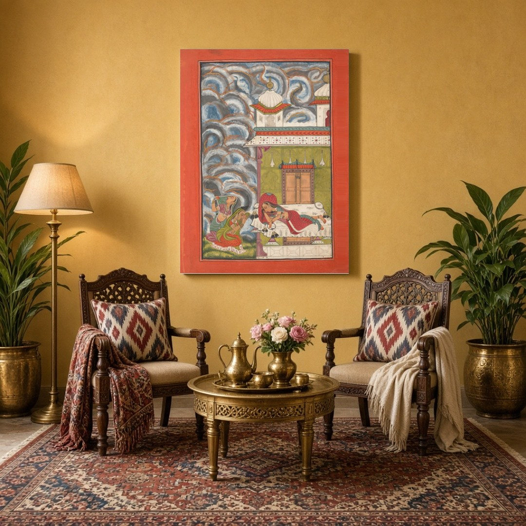 Immerse yourself in the enchanting world of Ragamala with this captivating artwork. A serene lady for Sitting Area