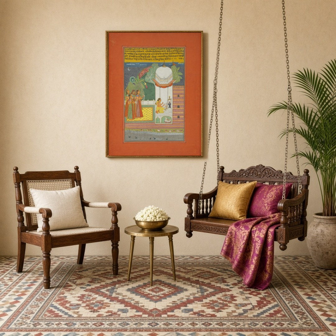 Experience the serene beauty of devotion under moonlight with this exquisite Ragamala art piece. A for Sitting Lounge