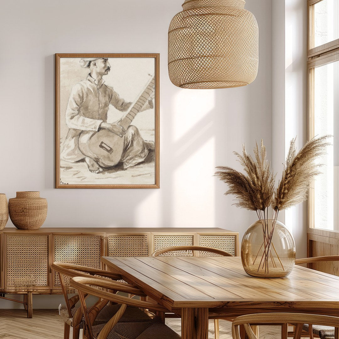 This exquisite charcoal drawing captures a seated musician engrossed in playing the sitar. The for Extra Kitchen