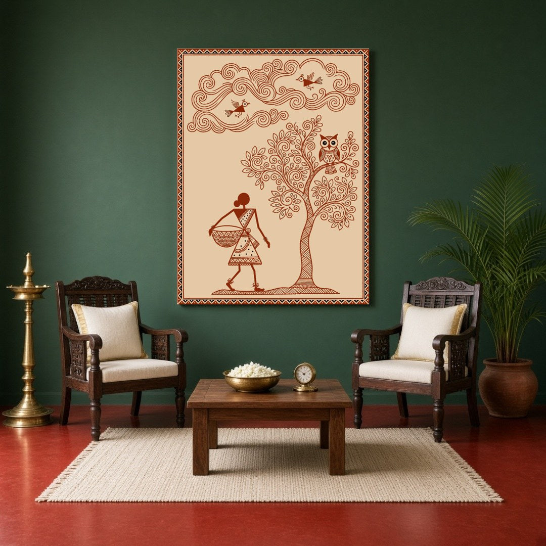 Immerse yourself in the enchanting world of Warli Art with this evocative piece that portrays a for Sitting Area