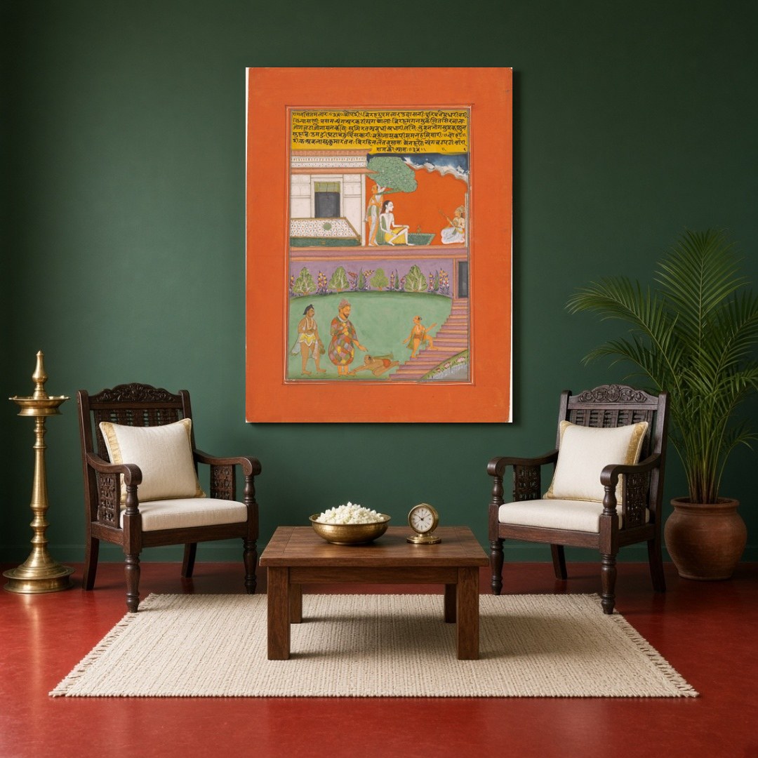 Immerse yourself in the intricate world of Ragamala art with this captivating scene of a nobleman for Sitting Area