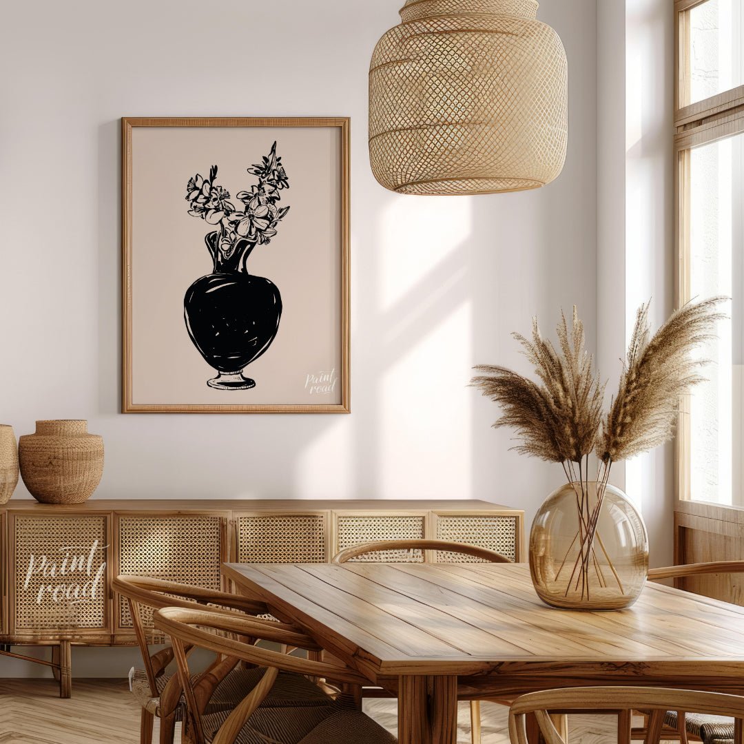 This elegant digital illustration features a black vase filled with delicate flowers, rendered in a… for dining room