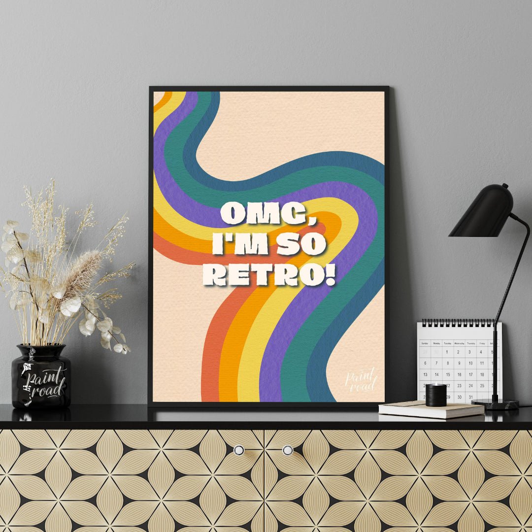 This vibrant and nostalgic graphic features the playful phrase “OMG, I’M SO RETRO!” set against a f… for office