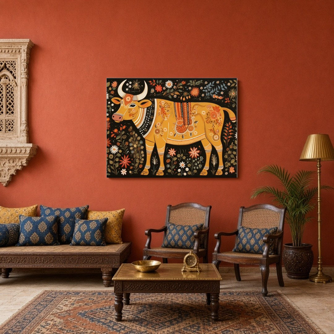 Immerse yourself in the enchanting world of Madhubani with this ornate depiction of a cosmic cow, for Sitting Area