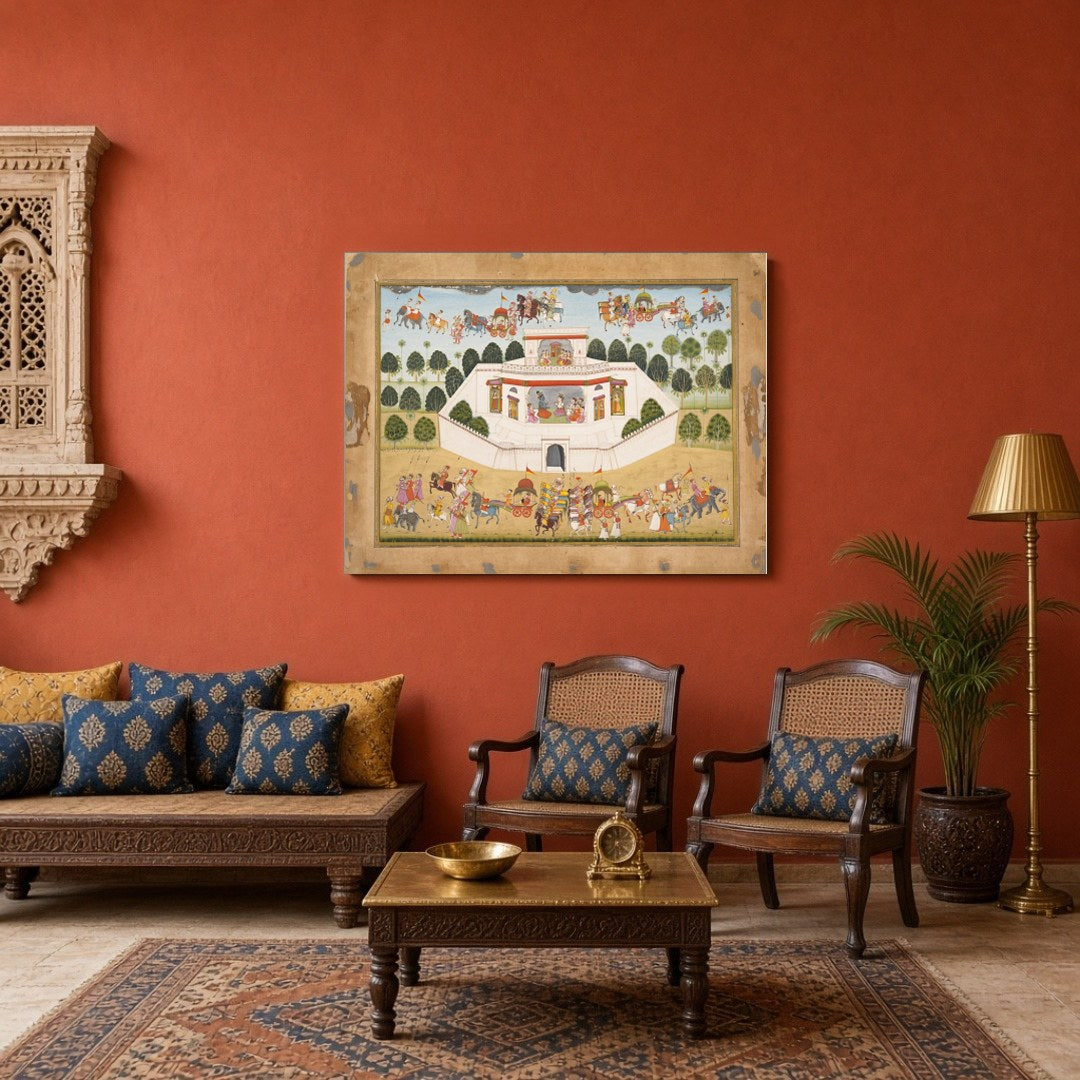 Experience the grandeur of Mughal architecture and royal processions with this captivating artwork. for Sitting Area
