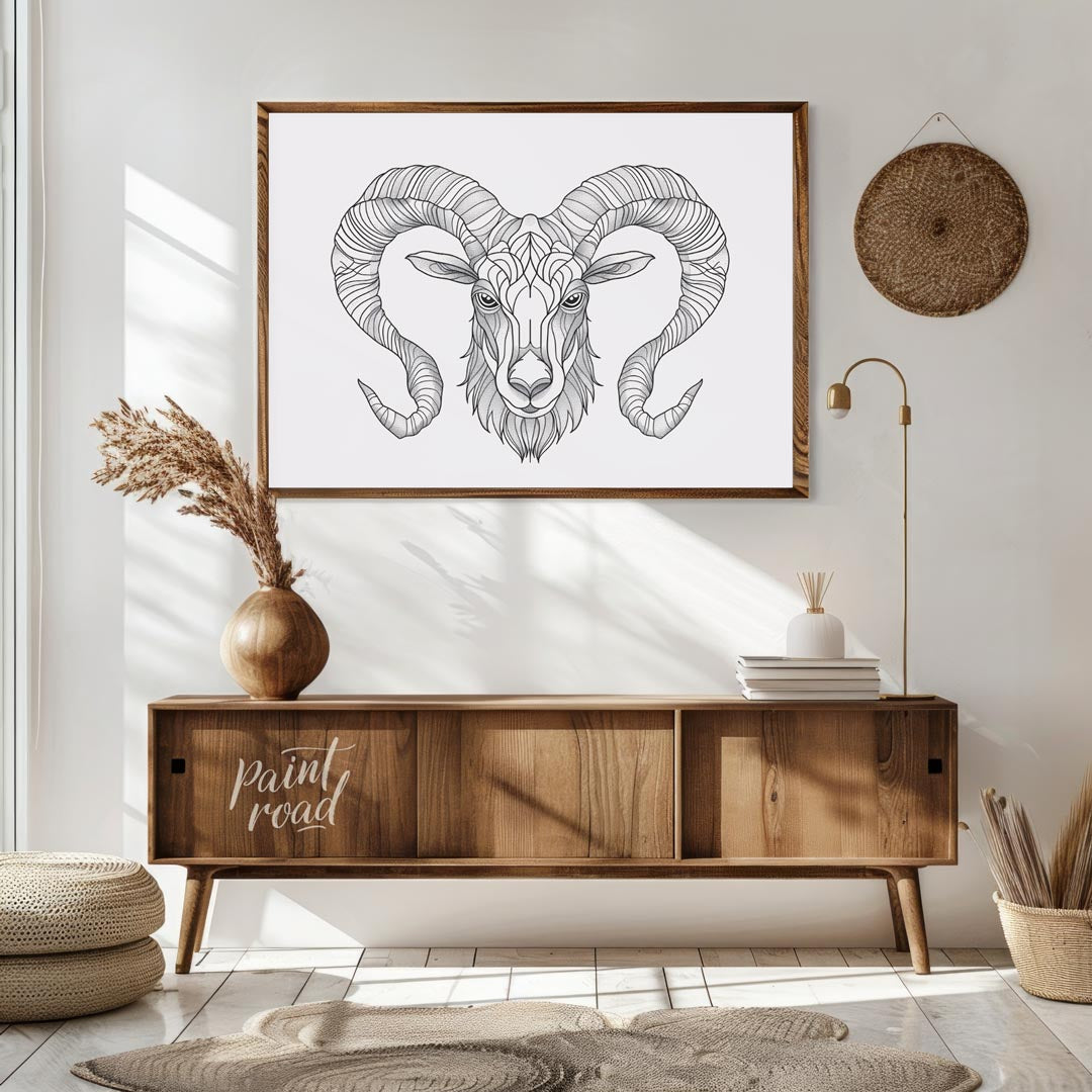This highly detailed black and white illustration presents the head of a ram, characterized by its … for living room