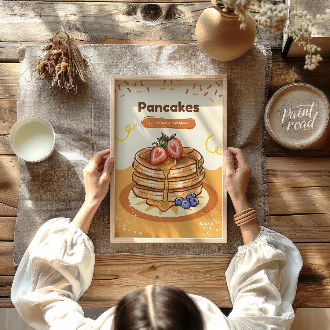 This delightful and appetizing poster celebrates the simple joy of pancakes, bringing a cheerful an… for kitchen