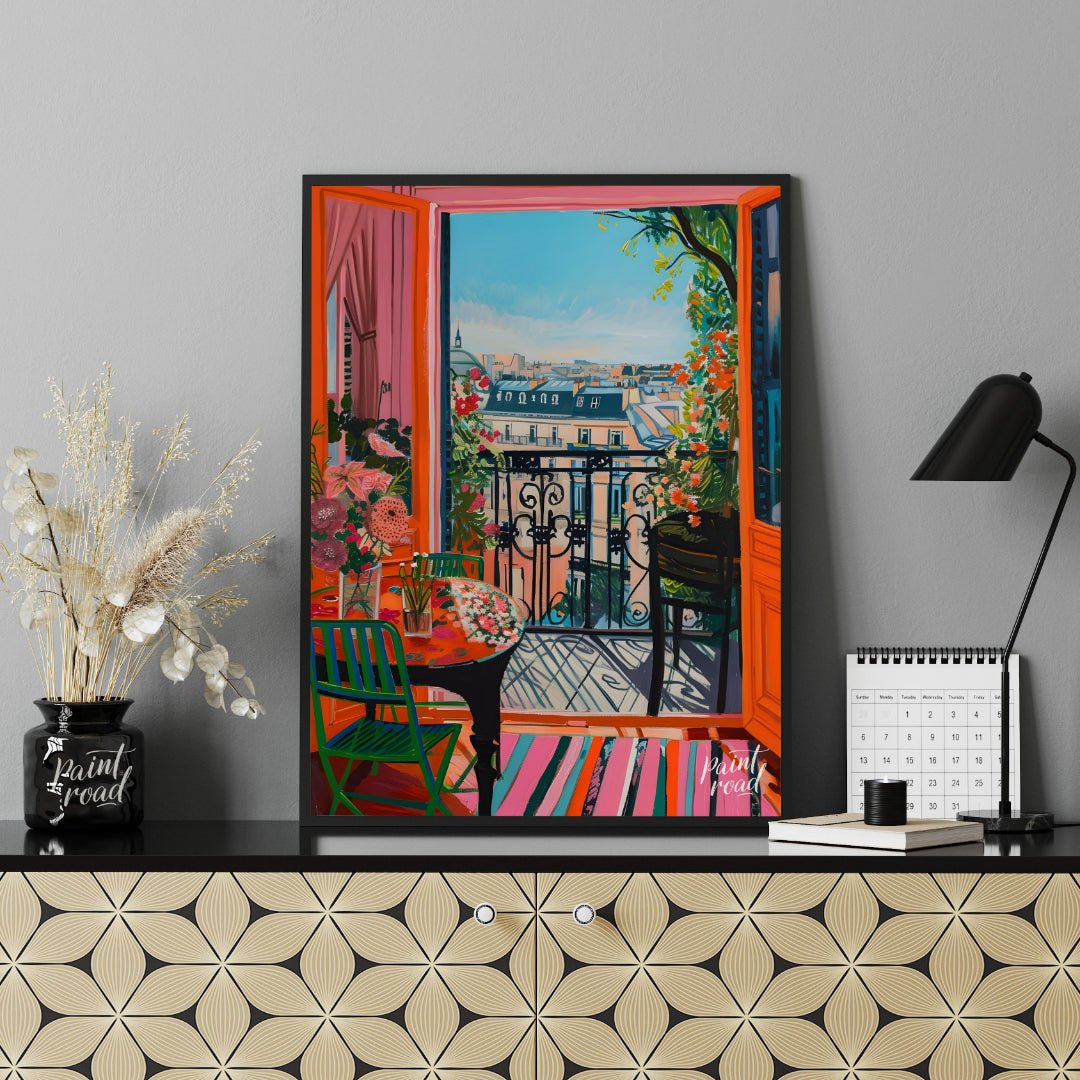 This vibrant digital painting captures a sunlit Parisian balcony overlooking a charming cityscape. … for office