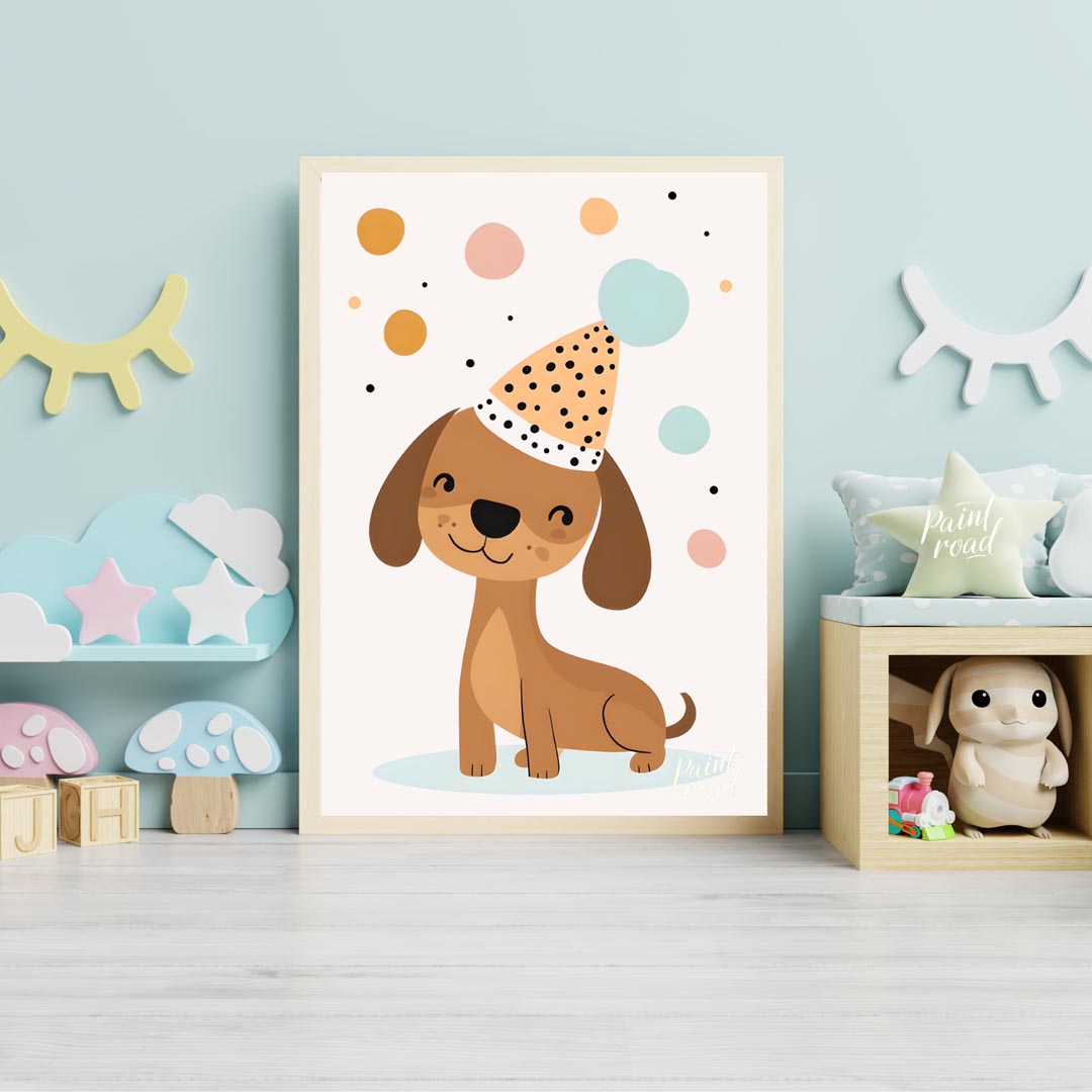 This delightful illustration features an adorable brown dog wearing a festive, polka-dotted party h… for nursery