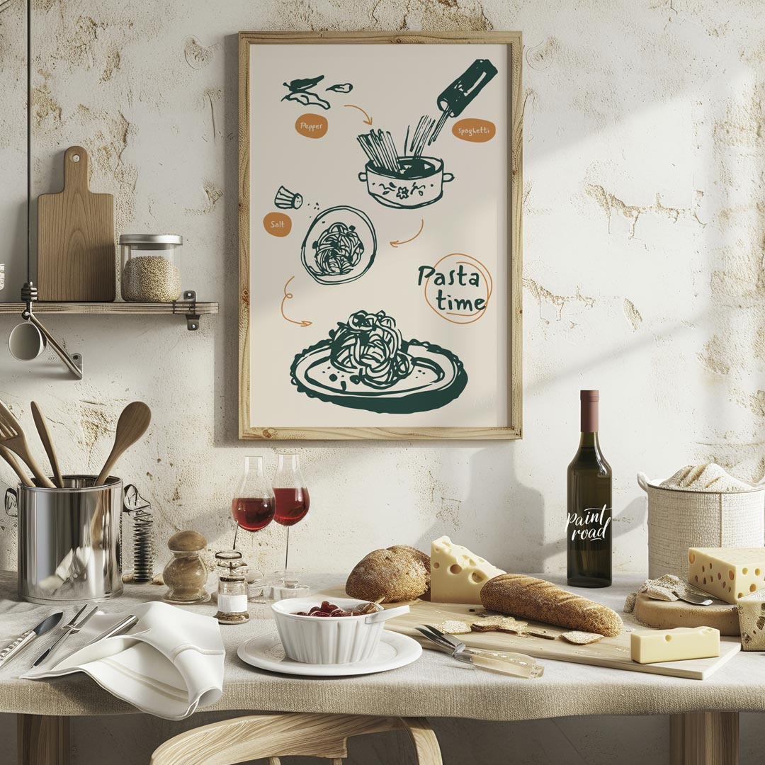 This dynamic poster beautifully illustrates the process of preparing a classic pasta dish, rendered… for kitchen